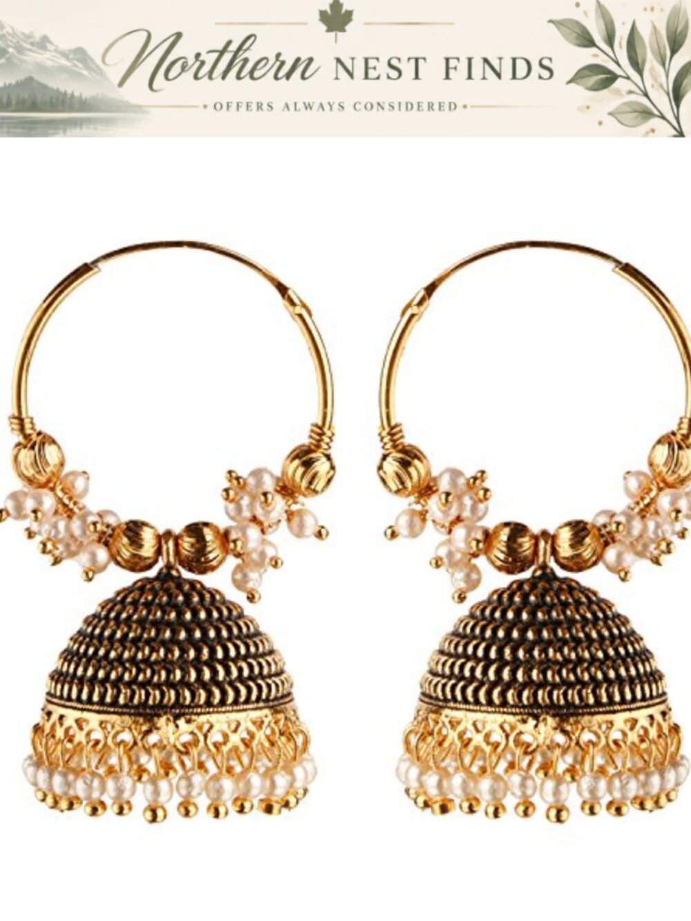 Oxidized Jhumka Dangle Earrings Faux Pearl Alloy Hoop Women